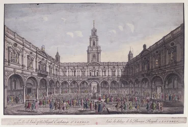 A londoni Royal Exchange belső nézete (színes metszet)